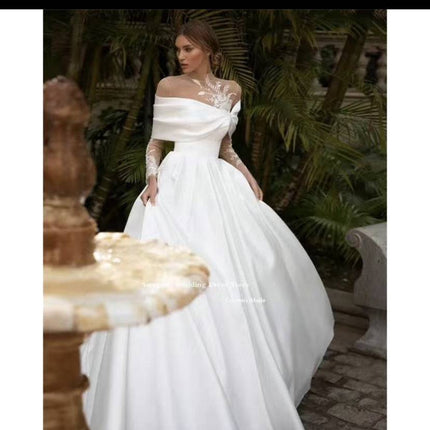 Raglan Sleeve Long Sleeve White Tutu Skirt Satin Wedding Dress - Royalessencelux
