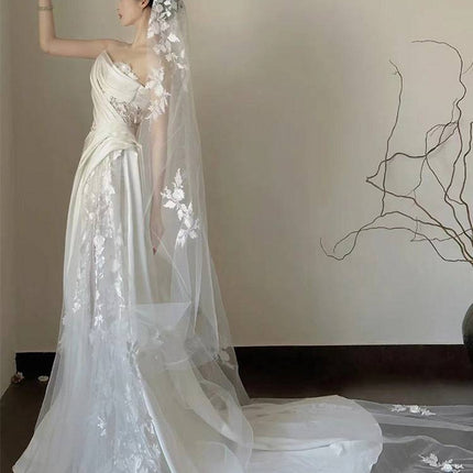 Satin Lace Wedding Veil Tube Top Fishtail Wedding Dress - Royalessencelux