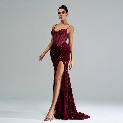 Spaghetti Straps Sleeveless Sequined High Slit Evening Dress - Royalessencelux