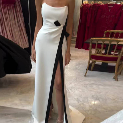 Strapless Black And White Contrasting Slit Dress - Royalessencelux