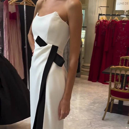 Strapless Black And White Contrasting Slit Dress - Royalessencelux