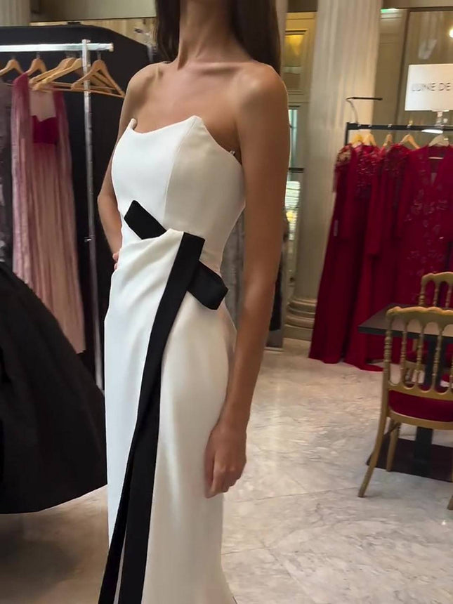 Strapless Black And White Contrasting Slit Dress - Royalessencelux