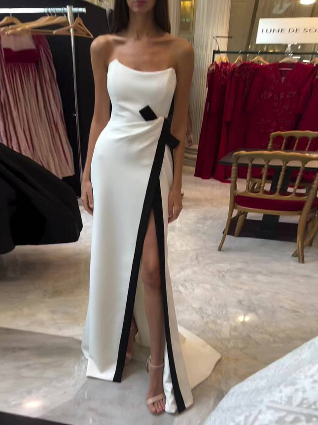 Strapless Black And White Contrasting Slit Dress - Royalessencelux