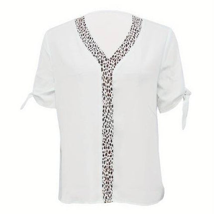 Women's Solid Color Leopard Print Collar Design, Bow Tie, Fashionable And Versatile Top - Royalessencelux