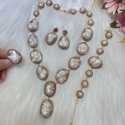 Pearl Necklace Ring Suit Bride Ornament - Royalessencelux