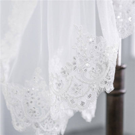 Short Veil Soft Mesh Sequined Lace White Ivory - Royalessencelux