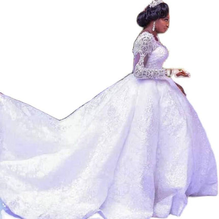 Lace African Wedding Dress Long Sleeves Round Neck Big Tail Tutu Skirt - Royalessencelux