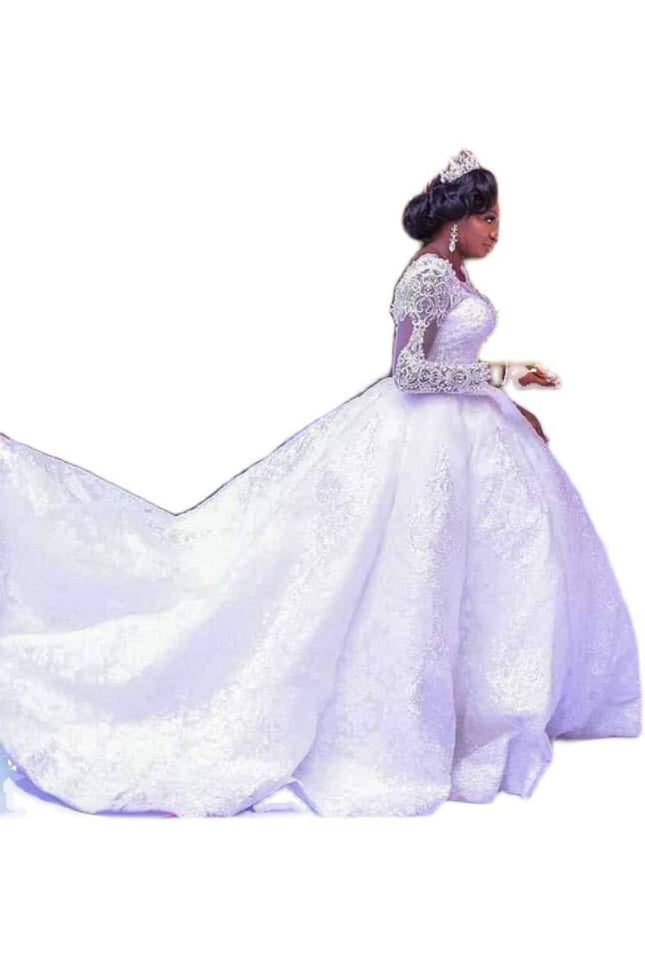 Lace African Wedding Dress Long Sleeves Round Neck Big Tail Tutu Skirt - Royalessencelux