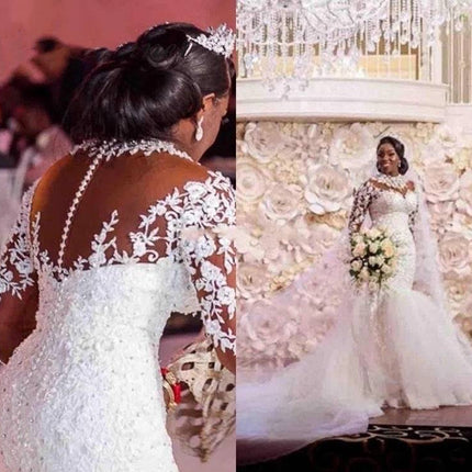Long Sleeves Mermaid  White Wedding Dress - Royalessencelux