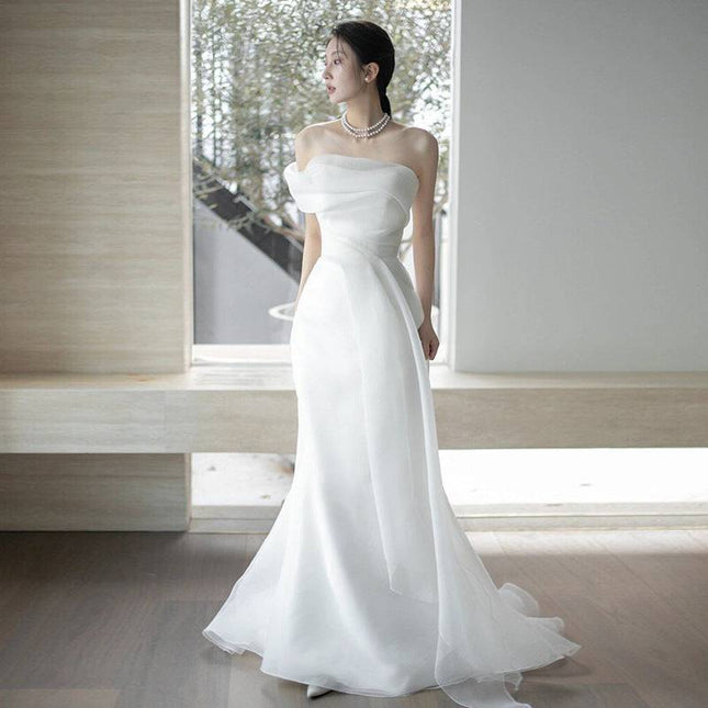 French Off-shoulder Light Wedding Dress Bride - Royalessencelux