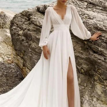 European And American High Waist Plus Size Deep V Long Sleeve Mopping Backless Wedding Dress High Slit - Royalessencelux