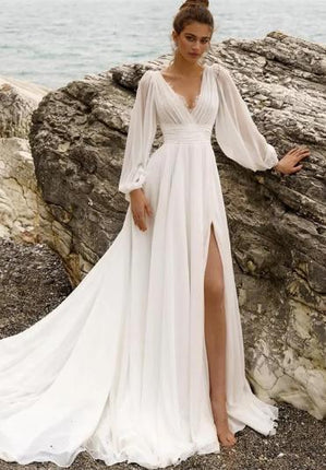 European And American High Waist Plus Size Deep V Long Sleeve Mopping Backless Wedding Dress High Slit - Royalessencelux