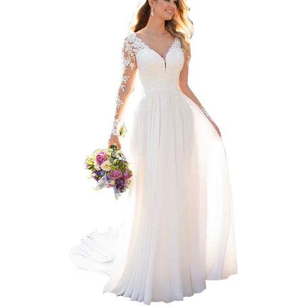 Sexy Backless Deep V-neck Wedding Dress Women White Evening Dress - Royalessencelux
