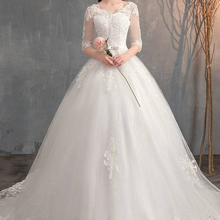 Wedding Dress Trailing Deep V Neck Lace High Waist Wedding Dress Long Sleeves - Royalessencelux