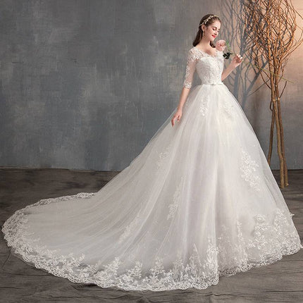 Wedding Dress Trailing Deep V Neck Lace High Waist Wedding Dress Long Sleeves - Royalessencelux