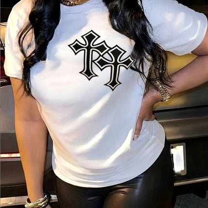 Ladies' Round Neck Printed Fashionable Short Sleeved T-shirt - Royalessencelux