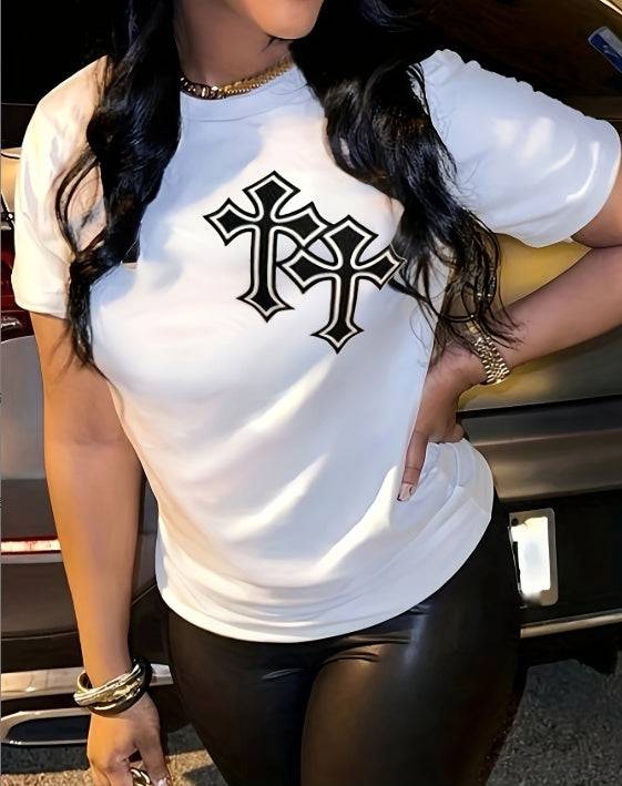 Ladies' Round Neck Printed Fashionable Short Sleeved T-shirt - Royalessencelux