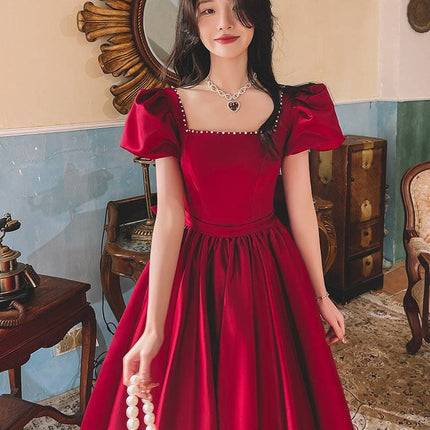 Winter Wine Red Engagement Daily French Princess On The Run Satin Dress - Royalessencelux