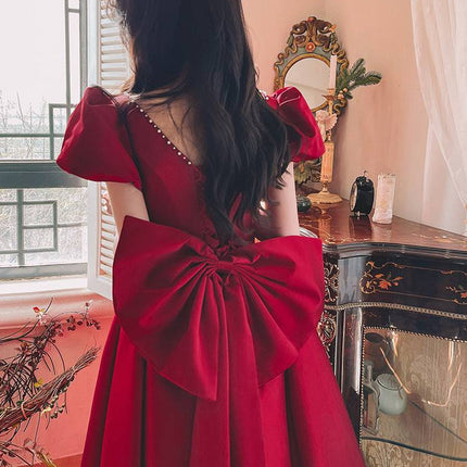 Winter Wine Red Engagement Daily French Princess On The Run Satin Dress - Royalessencelux