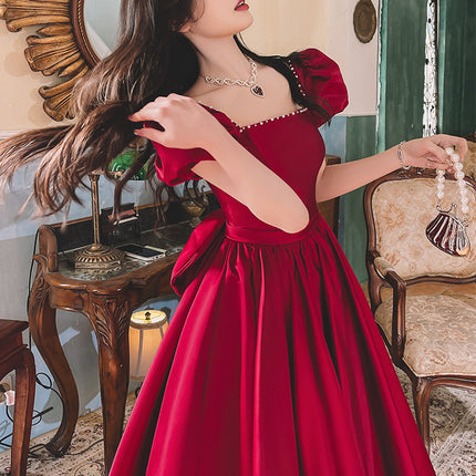 Winter Wine Red Engagement Daily French Princess On The Run Satin Dress - Royalessencelux