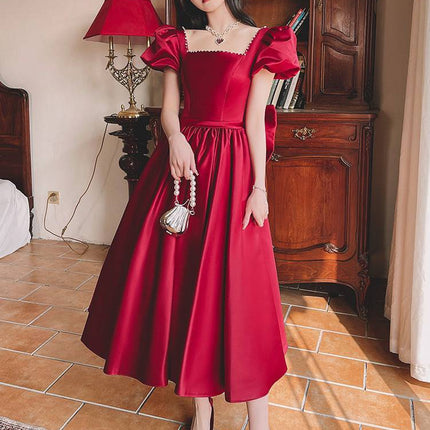Winter Wine Red Engagement Daily French Princess On The Run Satin Dress - Royalessencelux