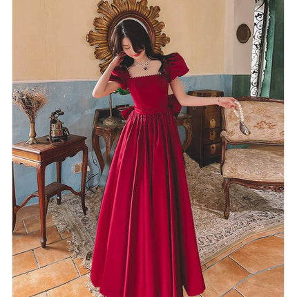 Winter Wine Red Engagement Daily French Princess On The Run Satin Dress - Royalessencelux
