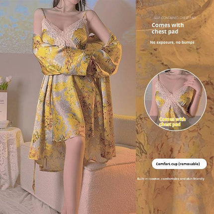 Yellow Floral Satin Cross Lace Waist Slimming Nightdress - Royalessencelux