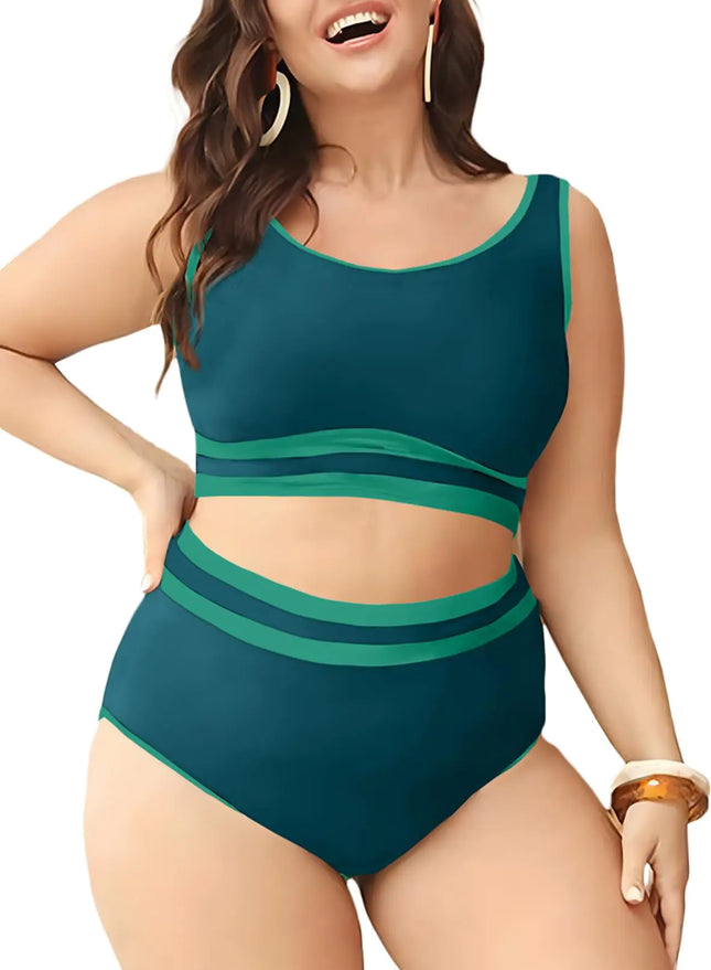 Eytino Plus Size Bikini Sets for Women Scoop Neck Push Up Bikini Tops High Waist Bottom Color Block 2 Piece Swimsuits4X Dark Green - Royalessencelux