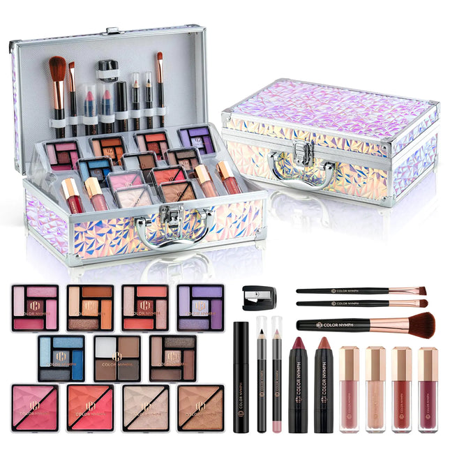 Color Nymph Makeup Kit with Cosmetics Case Train Case Makeup Kits For Teenage Girls Beginner Women Make up Kit Cosmetics Box Includs Eyeshadow Lipstick Blush Lipgloss Mascara and Tools -Dreamy Silver - Royalessencelux
