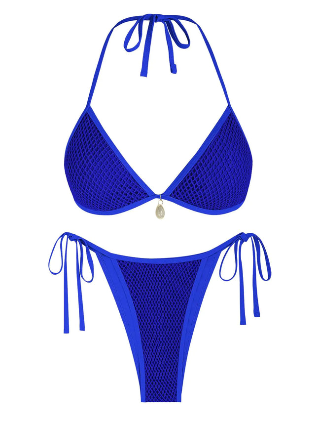 ZAFUL Halter Bikini for Women Sexy Bikini Sets Side Tie High Cut Swimsuis Trendy 2 Piece Bathing Suit Fishnet Overlay Royal Blue L - Royalessencelux