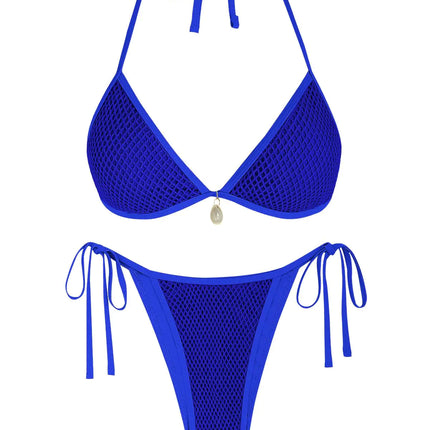 ZAFUL Halter Bikini for Women Sexy Bikini Sets Side Tie High Cut Swimsuis Trendy 2 Piece Bathing Suit Fishnet Overlay Royal Blue L - Royalessencelux