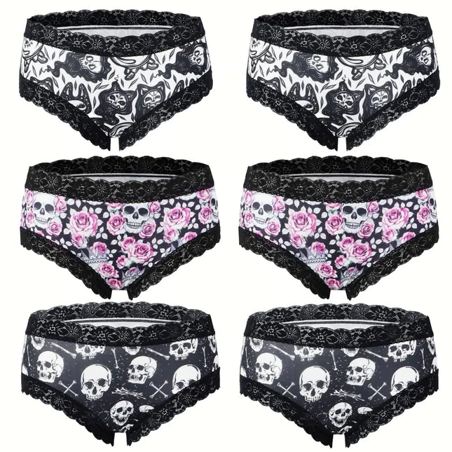 SENBEVINI 6pcs Gothic Chic Low-Rise Bikinis - Contrast Lace Skull & Eyeballs & Stars Print Comfortable Hipster Panties for Women (US Alpha Large Regular Regular Multicolor) - Royalessencelux