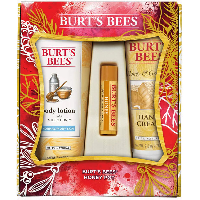 Burts Bees Honey Pot Holiday Gift Set 3 Honey Skin Care Products - Milk & Honey Body Lotion Honey & Grapeseed Hand Cream and Honey Lip Balm - Royalessencelux