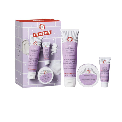 First Aid Beauty - Bye Bye Bumps Kit: KP Bump Eraser Body Scrub 4 oz Smoothing Lotion 1oz and Ingrown Hair Pads 28 Pads Deep Moisture Exfoliating Skin Treatment Set with BHA & AHA 3ct - Royalessencelux