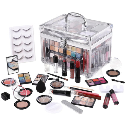Makeup Kit for Women Full Kit - Eyeshadow Palette Lipsticks Lipgloss Blushes Contour Highlighters Makeup Pencil False Eyelashes Re-usable Train Case Gift Set for Teen Girls Starters Pros - Royalessencelux