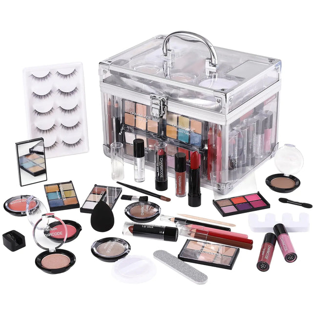 Makeup Kit for Women Full Kit - Eyeshadow Palette Lipsticks Lipgloss Blushes Contour Highlighters Makeup Pencil False Eyelashes Re-usable Train Case Gift Set for Teen Girls Starters Pros - Royalessencelux