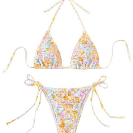 RoseSeek Womens 2 Piece Floral Bikini Sets Smocked Halter Triangle Bikini Drawstring Tie Side Sexy Cute Swimsuits Bathing Suit Orange X-Small - Royalessencelux