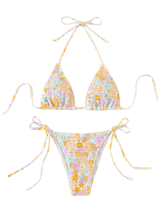 RoseSeek Womens 2 Piece Floral Bikini Sets Smocked Halter Triangle Bikini Drawstring Tie Side Sexy Cute Swimsuits Bathing Suit Orange X-Small - Royalessencelux