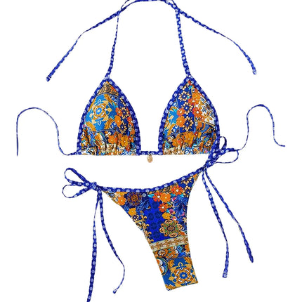 BEAUDRM Womens 2 Piece Floral Bikini Boho Halter Triangle Bikini Set Tie Back Swimsuit Bathing Suit Beachwear Swimwear Royal Blue Large - Royalessencelux
