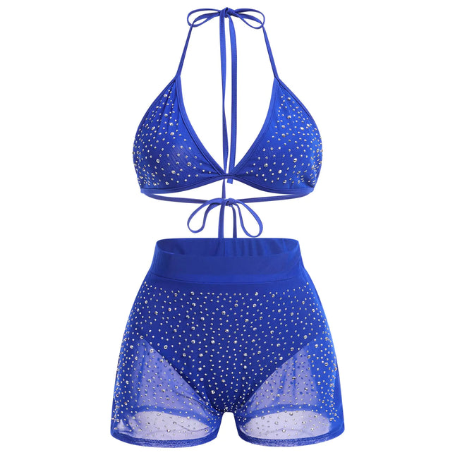 Womens Mesh Sheer Sparkle Rhinestone Bikini Sets Halter Bikini Bra Top High Waist Shorts Bottom Bathing Suit Rave Outfits Royal Blue Small - Royalessencelux