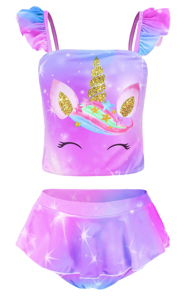 Akokvlar Two Pieces Swimsuit Mermaid Bikinis Tankini Bathing Suit for Little Girls (3T Violet Unicorn) - Royalessencelux