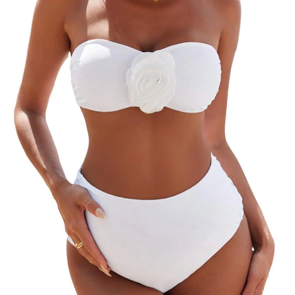 BEAUDRM Womens 2 Piece Maternity Bathing Suit Solid 3D Flower Bandeau Bikini Maternity Bikini Sets Tube High Waist Swimsuit White X-Large - Royalessencelux