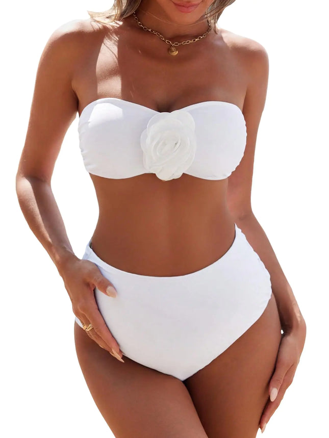 BEAUDRM Womens 2 Piece Maternity Bathing Suit Solid 3D Flower Bandeau Bikini Maternity Bikini Sets Tube High Waist Swimsuit White X-Large - Royalessencelux