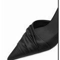 Ruched black cloth satin pointed high heel with pointed toe and elegant draped fabric detail for formal wear