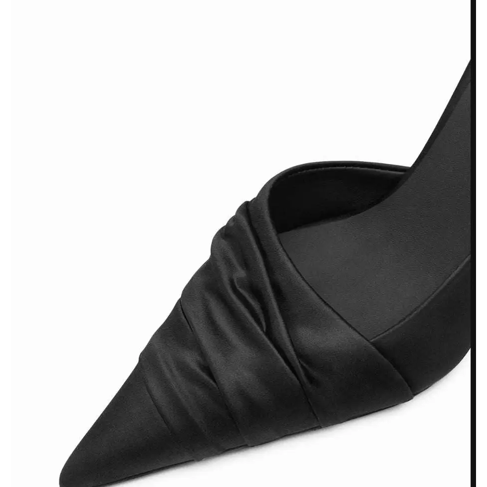 Ruched black cloth satin pointed high heel with pointed toe and elegant draped fabric detail for formal wear