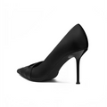 Ruched black cloth satin pointed high heel pump with a pointed toe and slender stiletto heel