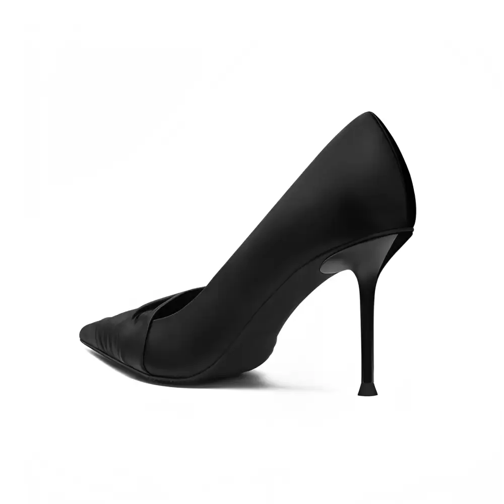 Ruched black cloth satin pointed high heel pump with a pointed toe and slender stiletto heel