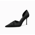 Ruched black cloth satin pointed high heel pump with pointed toe and elegant ruched detailing for formal wear