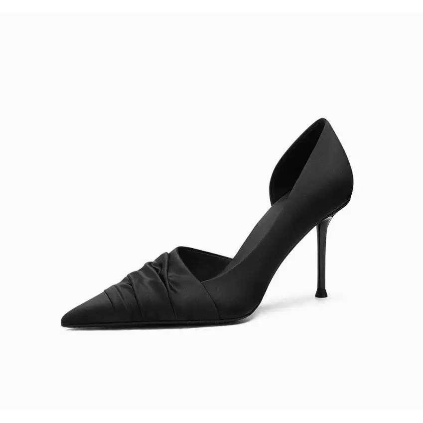 Ruched black cloth satin pointed high heel pump with pointed toe and elegant ruched detailing for formal wear