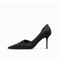 Ruched black cloth satin pointed high heel pump with pointed toe in sleek minimalist design